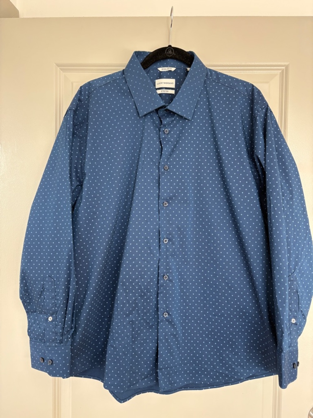 Lucky Brand Stretch Dress Shirt XL 17-17.5 32/33 Navy Diamond Print